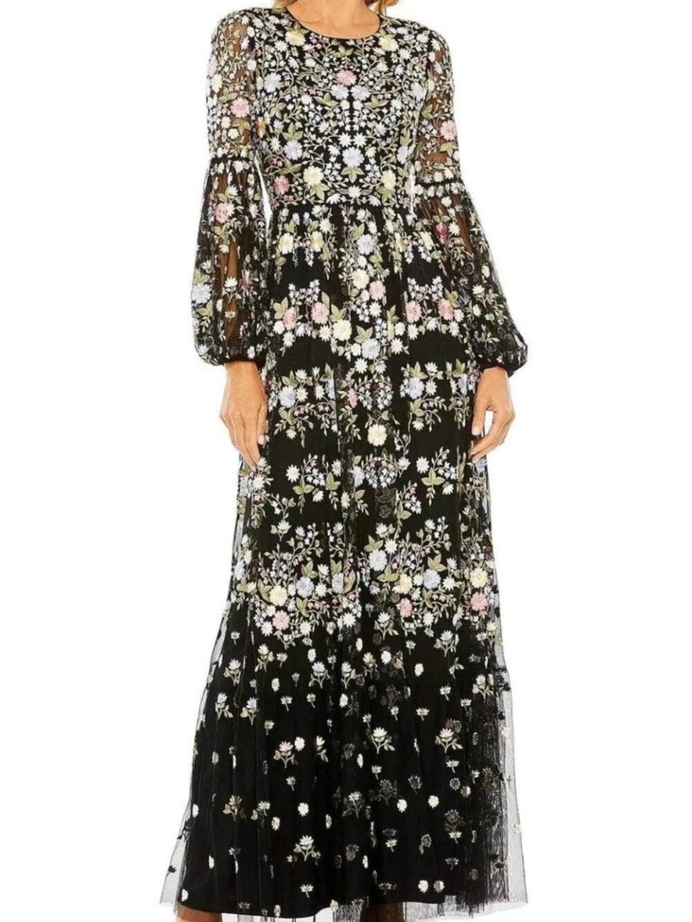 Mac Duggal Black Multi Floral Embroidered Long Sleeve Dress Gown